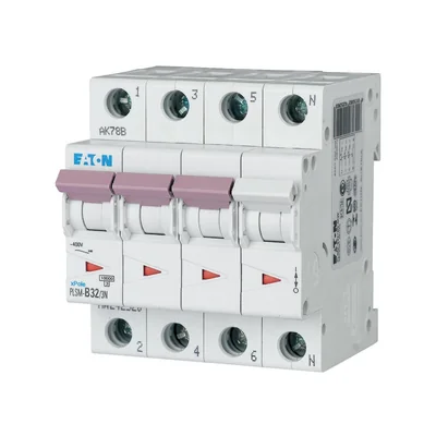PLSM-C32/3N-MW Nadproudový jistič 10 kA, In=32 A, charakteristika C, 3+N póly. Řada PLSM