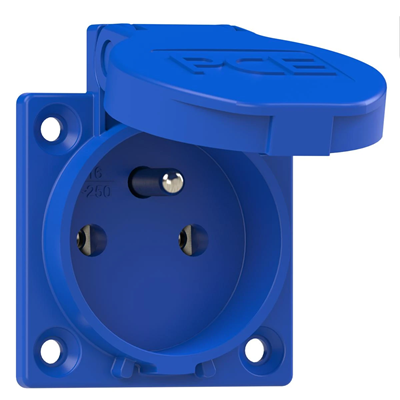 Plug socket version with pin 16A 2P+E 230V 50/60Hz IP54, side connection flange 50X50, nickel-plated contacts