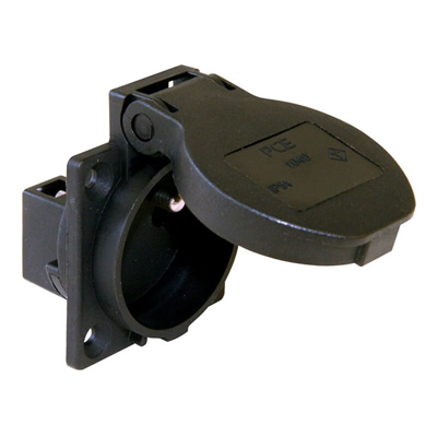 Plug socket version with pin 16A 2P+E 230V 50/60Hz IP54, side connection flange 50X50, nickel-plated contacts, black