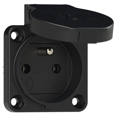 Plug socket version with pin 16A 2P+E 230V 50/60Hz IP54, side connection flange 50X50, nickel-plated contacts, black