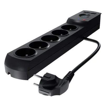 Подовжувач із запобіжником та системою захисту від перенапруг професійний 5 розеток 2 порти USB довжина 5м 10A 230V 2300W чорний