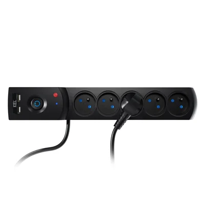 Подовжувач із запобіжником та системою захисту від перенапруг професійний 5 розеток 2 порти USB довжина 5м 10A 230V 2300W чорний