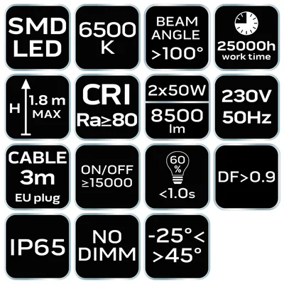 Подвійний прожектор 2x50W SMD LED 8500lm 230V на підставці 1,8 м