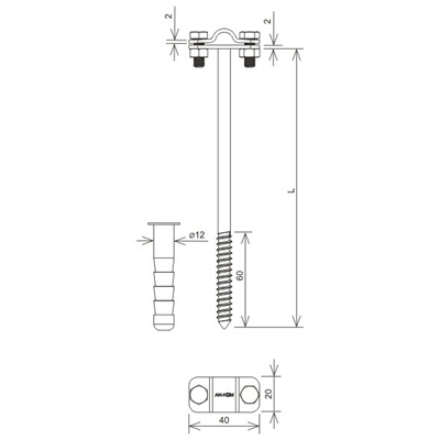 Poignée à visser avec boulon à expansion vis z M12 L=25cm inox