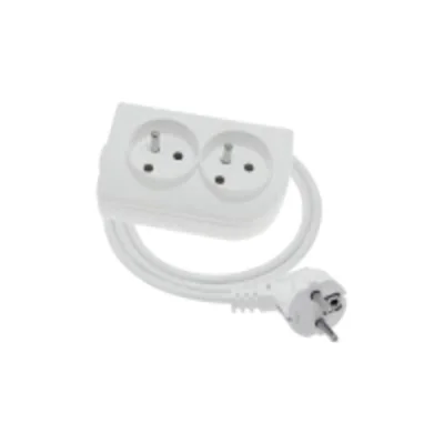Portable 2-way extension cord, 2x2P+Z white 250V~/10A 3x1mm² PVC - 6m with molded angled UNISCHUKO plug and mounting hole, Classic PSN-206