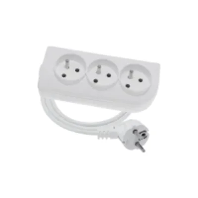 Portable 3-way extension cord, 3x2P+Z white 250V~/10A 3x1mm² PVC- 2m with molded angled UNISCHUKO plug and mounting holes, Classic PSN-302