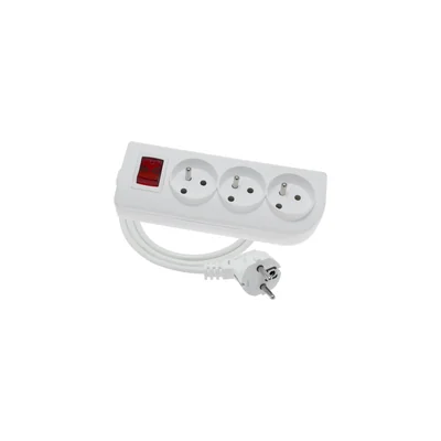 Portable 3-way extension cord, 3x2P+Z white with illuminated switch 250V~/16A 3x1.5mm² PVC- 5m with molded angled UNISCHUKO plug and mounting holes, Classic PSN-305W-1.5