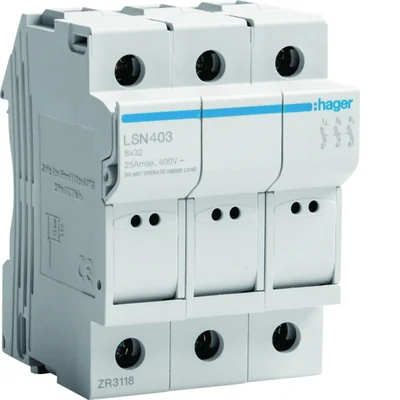 Porte-fusible modulaire tripolaire cylindrique L32 8 x 32 mm, 25 A 400 V CA