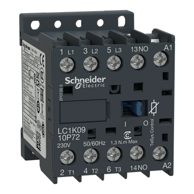 Power contactor TeSys K AC3 9A 3P 1NO coil 220/230VAC box terminals