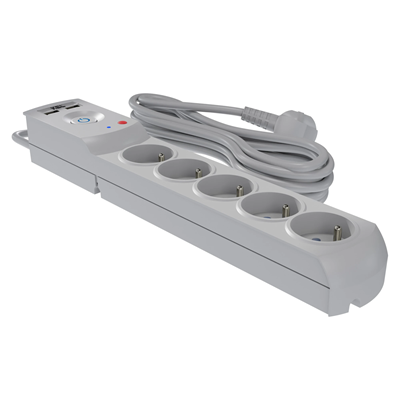 Power strip with fuse and surge protection professional 5 sockets 2 USB ports length 1.5m 10A 230V 2300W gray