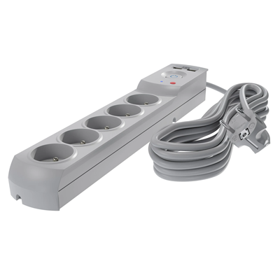Power strip with fuse and surge protection professional 5 sockets 2 USB ports length 1.5m 10A 230V 2300W gray