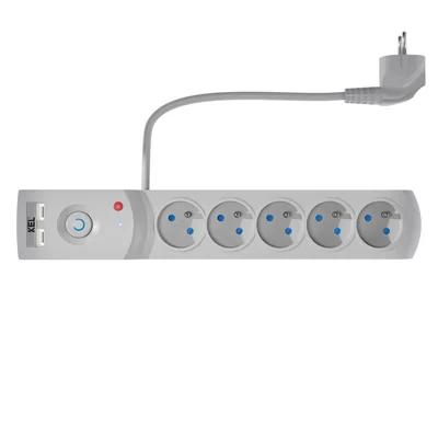 Power strip with fuse and surge protection professional 5 sockets 2 USB ports length 5m 10A 230V 2300W gray