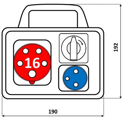 PRAKTIK Cuadro de distribución 1x16A 5p 1x250V interruptor 0-1 IP54 + maneta base baja