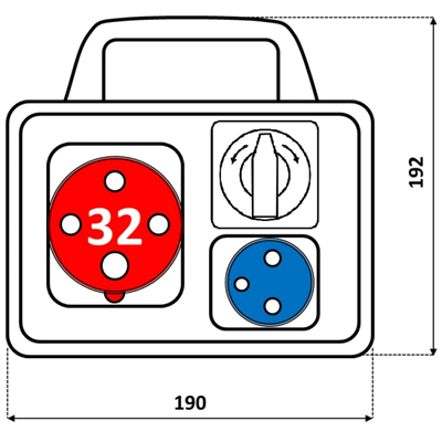 PRAKTIK Cuadro de distribución 1x32A 4p 1x250V interruptor L-0-P 1x10 A protección IP54 + manilla base baja