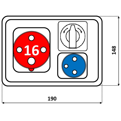 PRAKTIK Verteilerkasten 1x16A 4p 1x250V Leistungsschalter L-0-P TVM16 IP54 niedriger Sockel