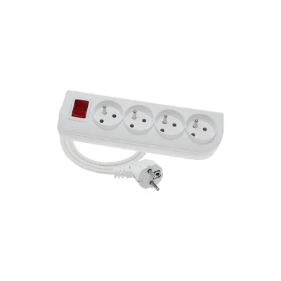 Přenosný prodlužovací kabel se 4 zásuvkami, 4x2P+Z bílý s podsvíceným vypínačem 250V~/16A 3x1,5mm² PVC - 5m s tvarovanou úhlovou zástrčkou UNISCHUKO a montážními otvory, Classic PSN-405W-1.5