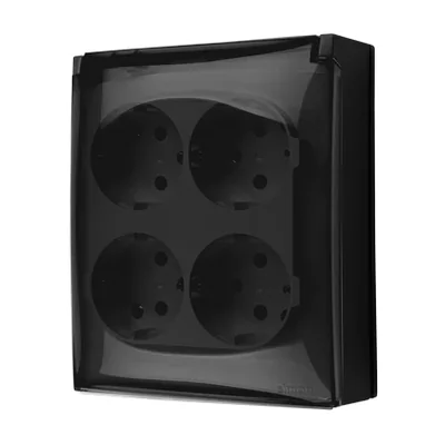 Presa a muro Simon Aquaclick WA-CGSZ4Cx-xx-49Ax, Schuko, 4 posti, coperchio trasparente, IP44, 16A, 250V~, connettori rapidi; nera