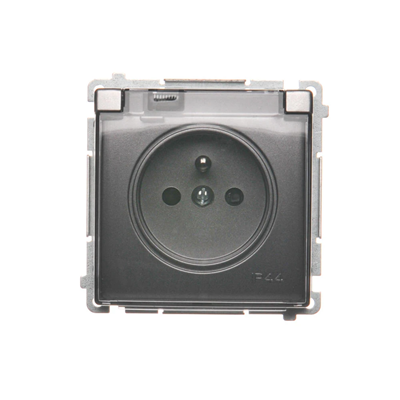 Presa a spina con messa a terra, con otturatore. percorsi di corrente, protetto contro gli spruzzi d'acqua IP44 (modulo), 16A, 250V, morsetti a vite, sportello trasparente, inox (metallico)