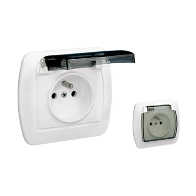 Presa con messa a terra, antispruzzo IP44, 16A, 230V, morsetti a vite. Patta trasparente, bianca