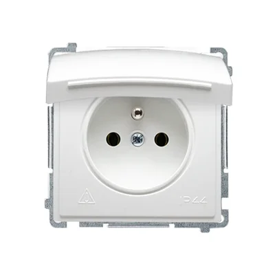 Presa con messa a terra (modulo), con tapparelle per percorso corrente, protetta contro gli spruzzi d'acqua IP44, 16A, 250V, morsetti a vite, bianco