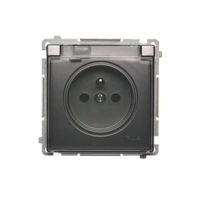 Presa con messa a terra, resistente agli spruzzi d'acqua IP44 (modulo), 16A, 250V, morsetti a vite. Sportello trasparente, inox (metallico)