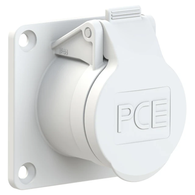 Presa da pannello diritta 16A 2P 42V 50/60Hz 12h IP44/54 (flangia 70X70, interasse fori 56X56), contatti nichelati