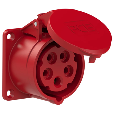 Presa da pannello diritta 16A 3P+Z+N 400V 50/60Hz 4h IP44, flangia 70X70, interasse viti 56X56, contatti nichelati