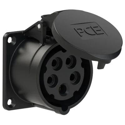 Presa da pannello diritta 16A 3P+Z+N 400V 50/60Hz 4h IP44, flangia 70X70, interasse viti 56X56, serie MIDNIGHT
