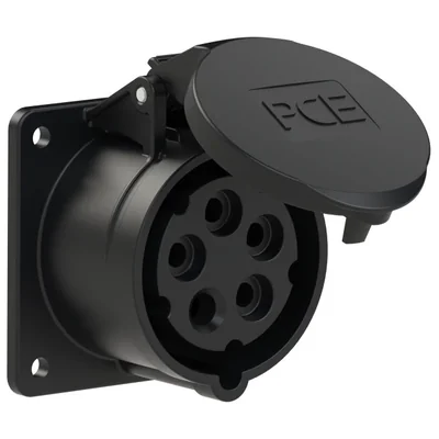 Presa da pannello diritta 16A 3P+Z+N 500V 50/60Hz 7h IP44, flangia 75X75, interasse viti 60X60