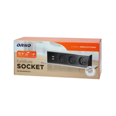 Presa da tavolo con bordo piatto fresato, caricatore USB e cavo da 2 m, 3x2P+Z, 2 x USB (tipo A, 2,4 A), 3x1,5 mm², nero e argento, INOX