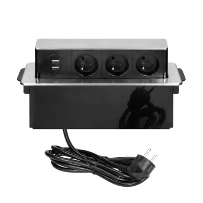 Presa da tavolo con bordo piatto fresato, caricatore USB e cavo da 2 m, 3x2P+Z, 2 x USB (tipo A, 2,4 A), 3x1,5 mm², nero e argento, INOX