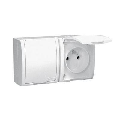 Presa doppia con messa a terra, antispruzzo IP54, sportellino bianco, 16A 230V, bianco