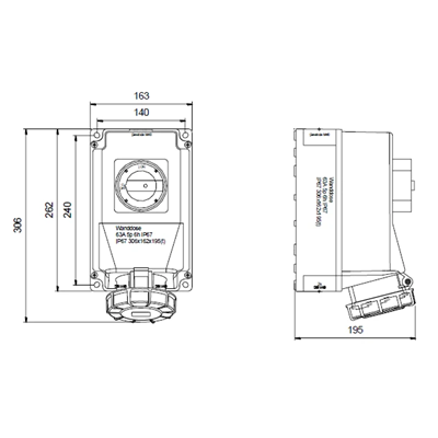 Presa fissa IP67 63A 400V 3P+N+Z con interruttore 0-1