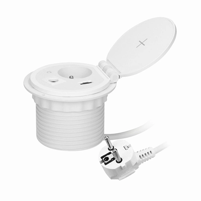 Prise de meuble encastrée dans le plateau de table avec chargeur inductif, chargeur USB, 1G/U blanc