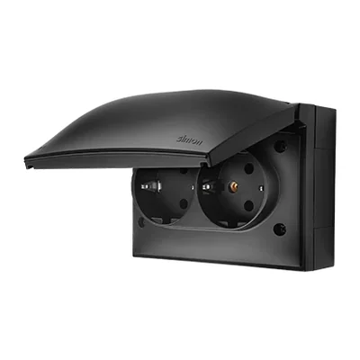 Prise de surface Simon Aquaclick WA-CGSZ2xx-xx-49xx, Schuko, double compacte, couvercle couleur, IP44, 16 A, 250 V~, bornes à vis ; noire