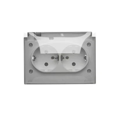 Prise de surface Simon Aquaclick WA-CGSZ2Zx-xx-11Ax, Schuko, double compacte, couvercle transparent avec obturateurs, IP44, 16 A, 250 V~, bornes à vis ; blanche