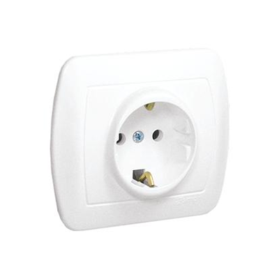 Prise de terre type Schuko avec obturateurs pour chemins de courant, 16A, 250V, bornes à vis, blanc