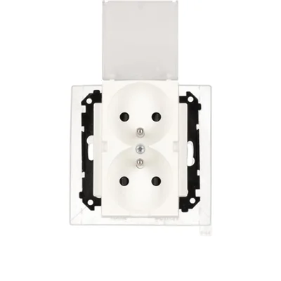 Prise double Simon 55 WMDW-00200O-111A pour version IP44 avec joint (module) 16 A, 250 V~, connecteurs rapides. Rabat transparent ; blanc mat