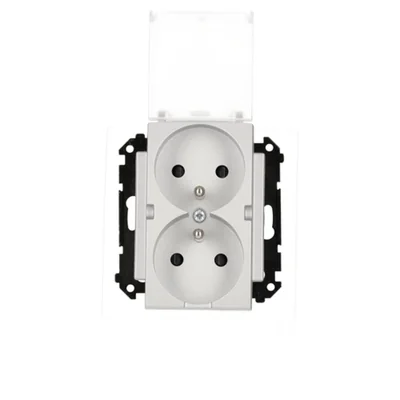 Prise double Simon 55 WMDW-00200O-143A pour version IP44 avec joint (module) 16 A, 250 V~, connecteurs rapides. Rabat transparent ; aluminium mat