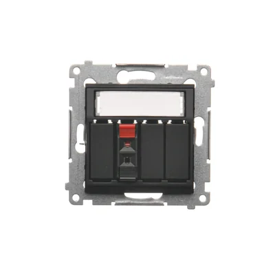 Prise haut-parleur asymétrique Simon 54 WMDG-01000x-049 avec zone d'étiquetage (module). Section des câbles d'entrée et de sortie : 2,5 mm² ; noir