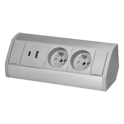 Prise murale 2x2P+Z, 2xUSB (type A+C ; 2,4 A), gris-argent
