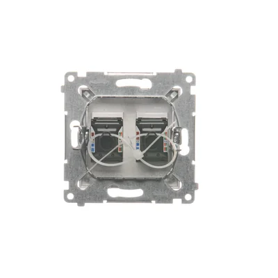 Prise ordinateur double RJ45 catégorie 6 avec cache anti-poussière (module) argent (métallique)