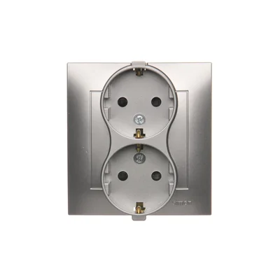 Prise Schuko double à obturateurs 16A, 250V, bornes à vis, argent (métallique)
