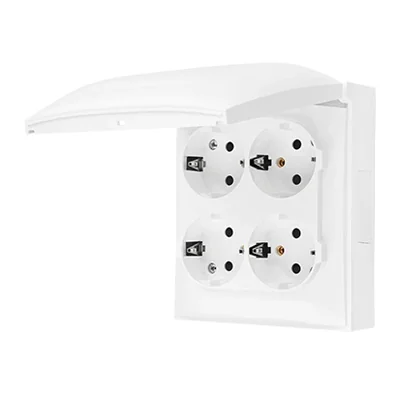 Prise Schuko en saillie Simon Aquaclick WA-CGSZ4Cx-xx-11xx, 4 voies, couvercle de la même couleur que la prise, IP44, 16 A, 250 V~, connecteurs rapides ; blanche