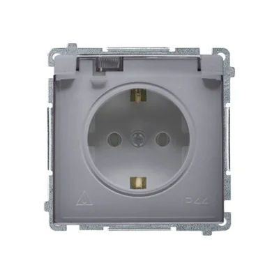 Prise Schuko Simon Basic WMBW-53111x-4011 pour version IP44 avec obturateurs (module) 16 A, 250 V~, bornes à vis ; argent mat. Clapet transparent