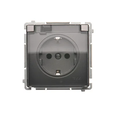 Prise Schuko Simon Basic WMBW-53111x-J011 pour version IP44 avec obturateurs (module) 16 A, 250 V~, bornes à vis ; acier inoxydable. Clapet transparent