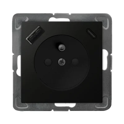 Prise simple IMPRESJA avec mise à la terre et obturateurs de courant, avec chargeur USB A+C - noir mat