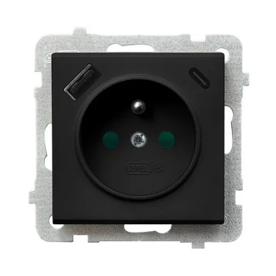 Prise simple SONATA avec mise à la terre et obturateurs de courant, avec chargeur USB A+C - noir mat