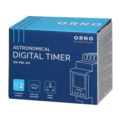 Programmateur électronique astronomique et horaire, 100 programmes, 3 langues de menu, 2 sorties relais 16 A/230 V, coupure nocturne, format 2 modules, DIN TH-35 mm