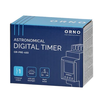 Programmateur électronique astronomique et horaire, 52 programmes, 3 langues de menu, 1 sortie relais 16 A/230 V, coupure nocturne, largeur 2 modules, DIN TH-35 mm